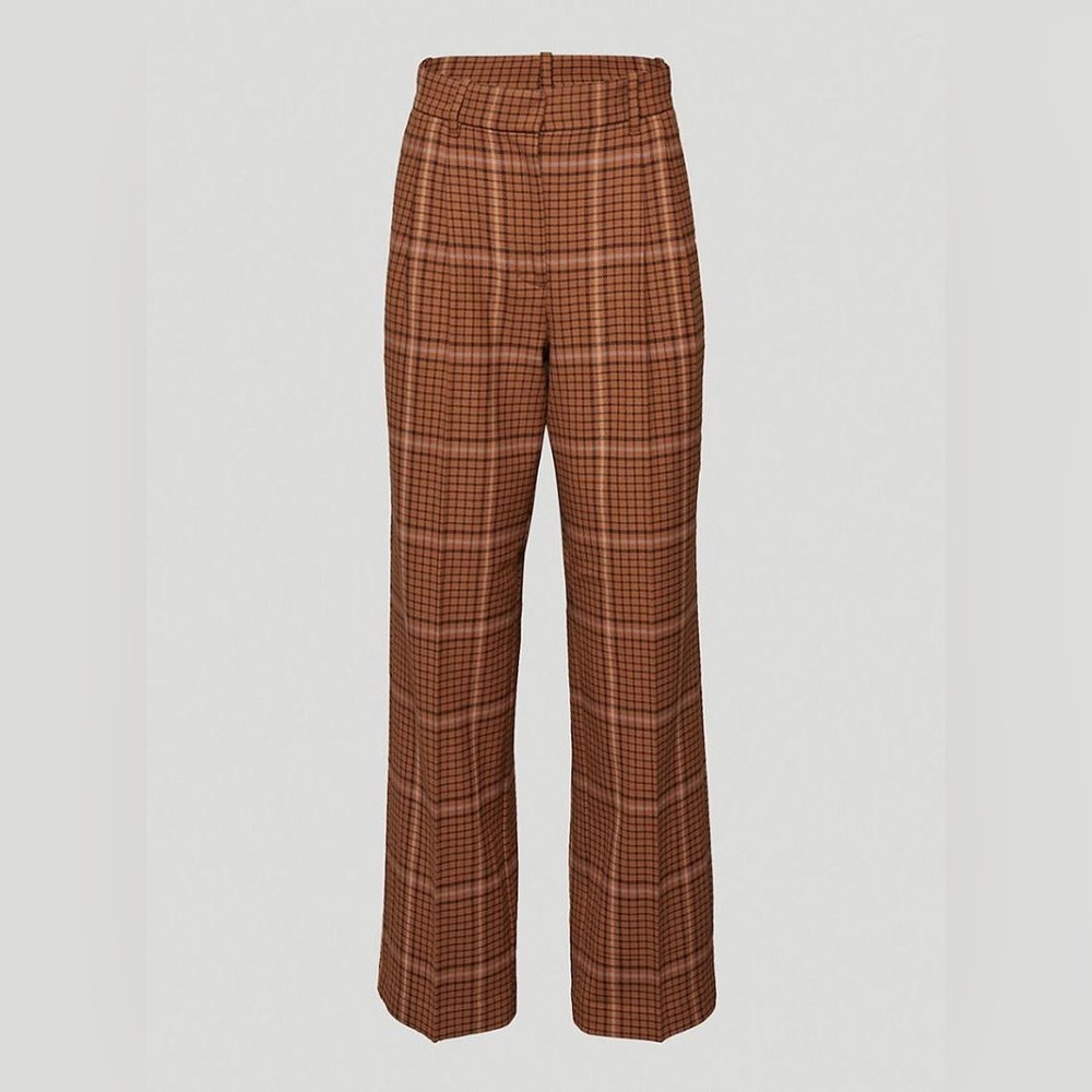Aritzia Wilfred Effortless Pants Brown Checkered Plaid Trousers